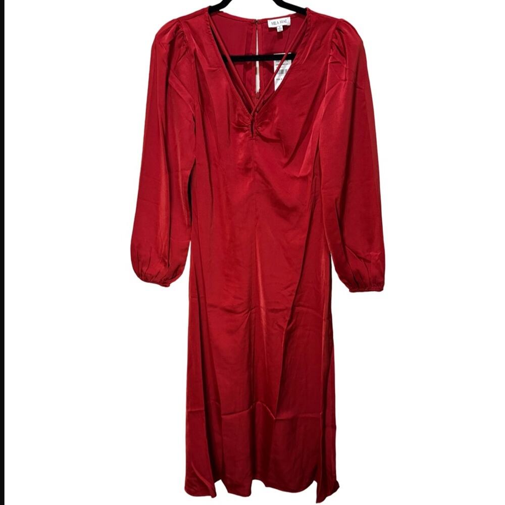 Nordstrom MILA MAE Satin Tie Neck Long Sleeve Midi Dress - Red Rust Size S